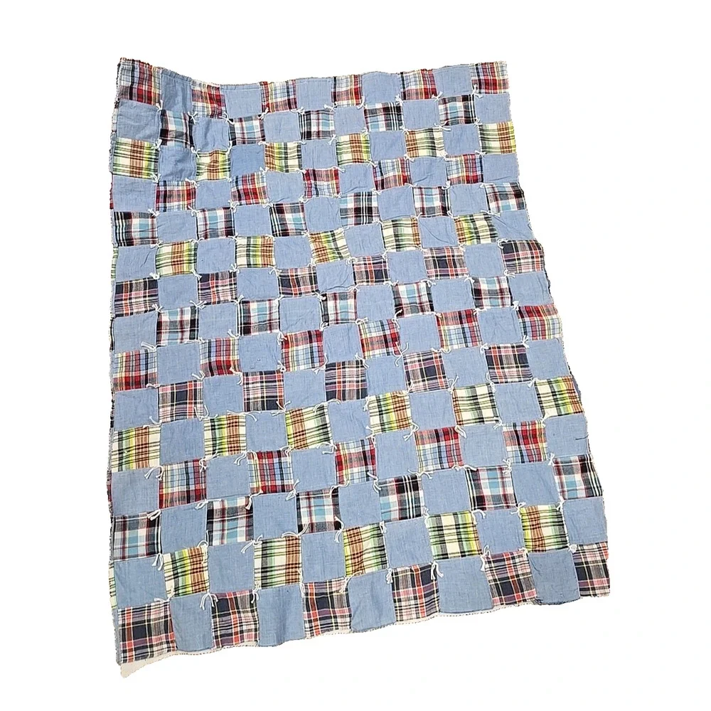 Chambray‎ Plaid Patchwork Unfinished Bedding Bedspread Quilt 44